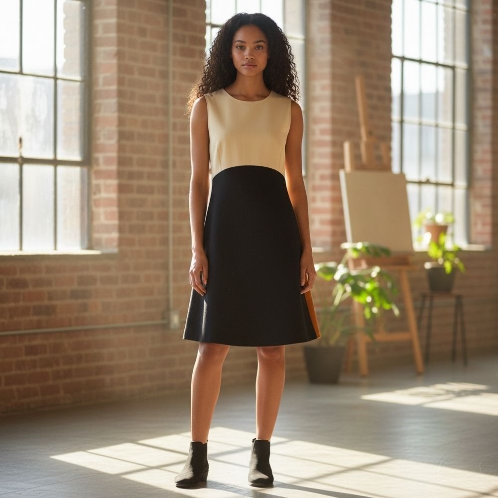 Marni Sleeveless Mini Dress in Cream, Black, and Tan